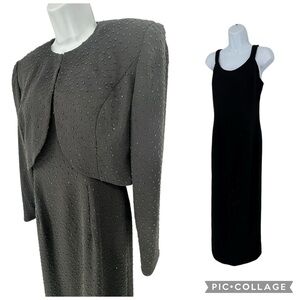 Vintage Karen Lawrence Black Beaded Sleeveless Dress & Bolero Jacket Set Small